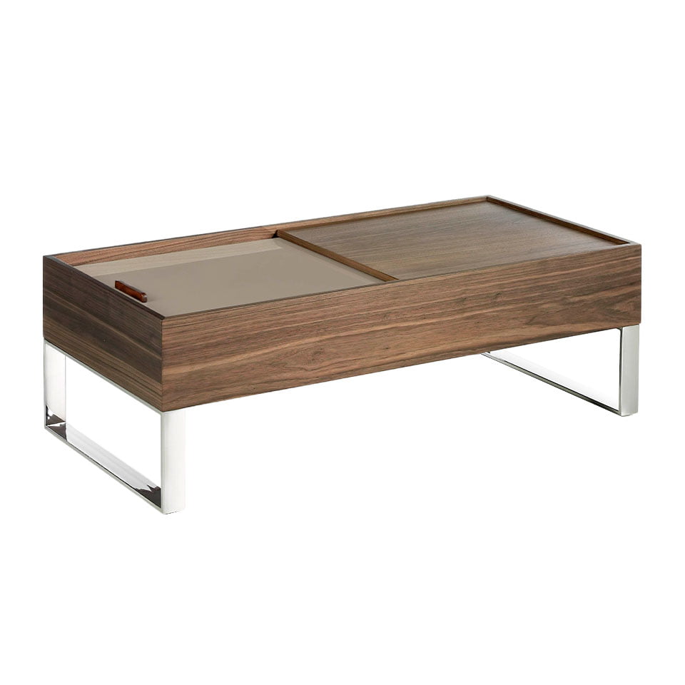 Walnut wood coffee table with hatch and chromed steel