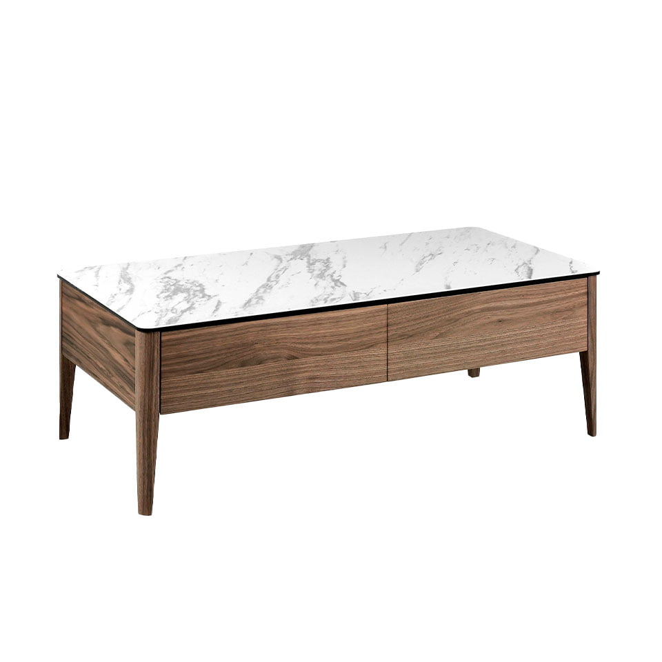 Porcelain and Walnut wood coffee table with drawers