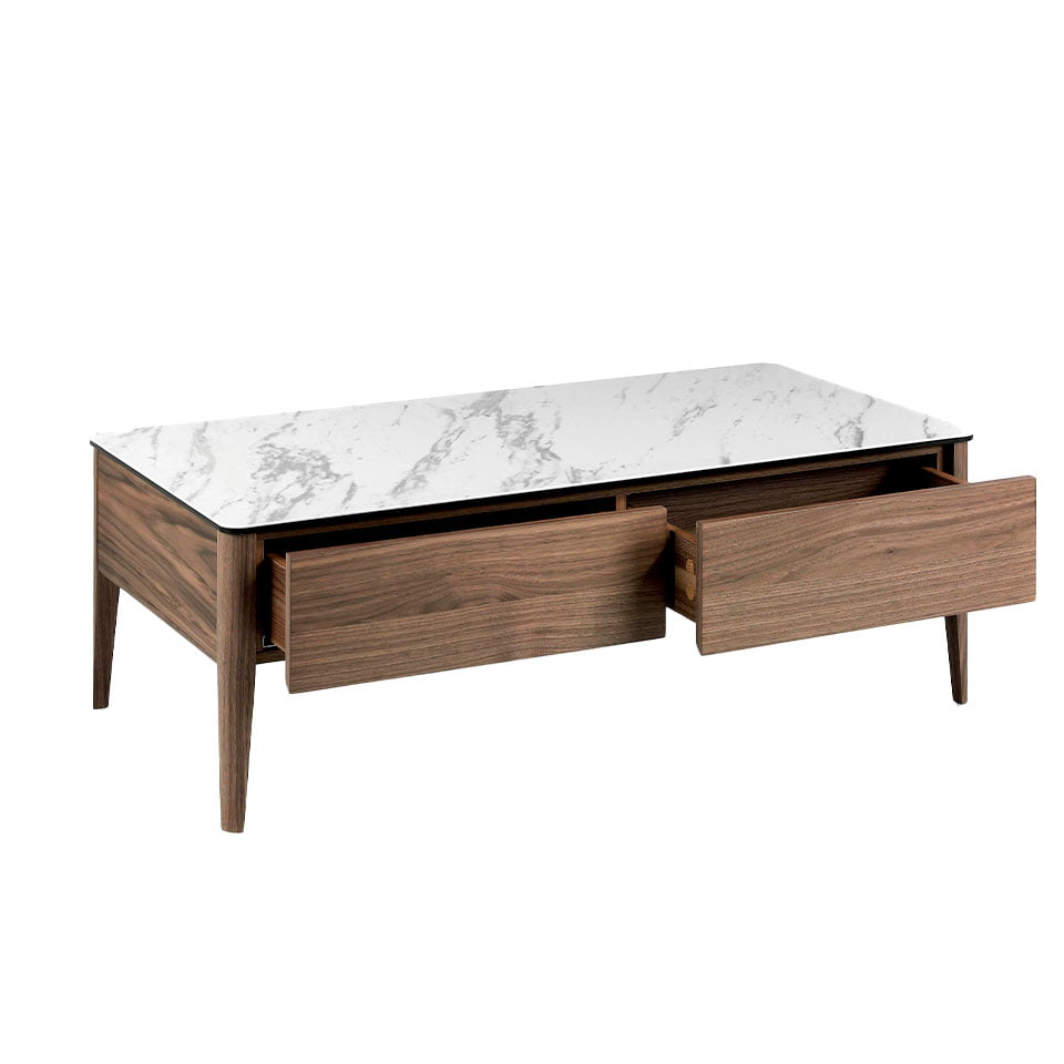 Porcelain and Walnut wood coffee table with drawers