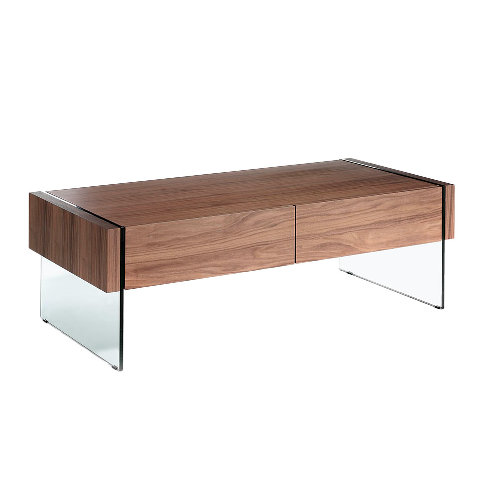 Walnut wood coffee table and tempered glass