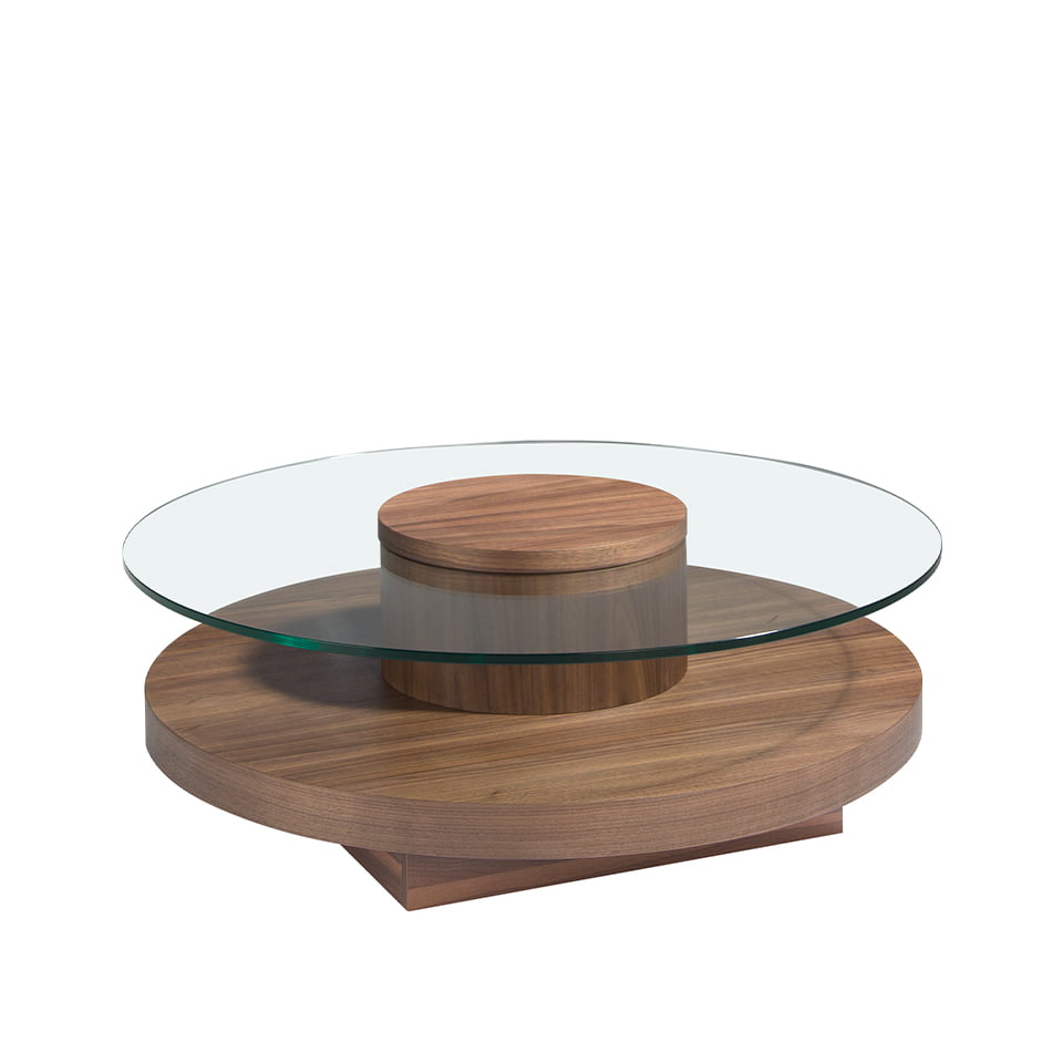 Round center table in tempered glass and Walnut wood