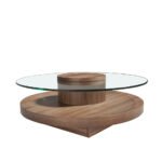 Round center table in tempered glass and Walnut wood