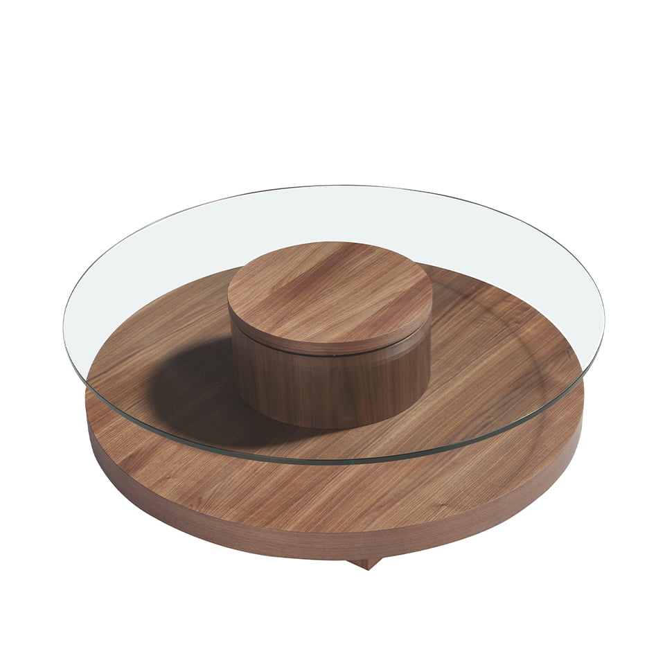 Round center table in tempered glass and Walnut wood