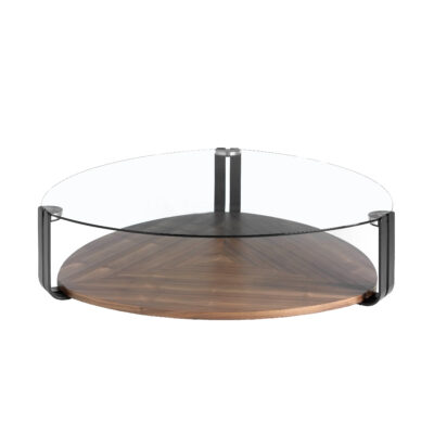 Mesa centro triangular cristal templado, acero negro y nogal coffee table - Angel Cerda