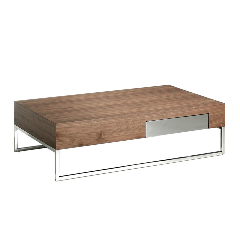 Walnut wood and chrome steel coffee table with drawer