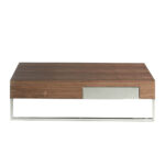 Walnut wood and chrome steel coffee table with drawer