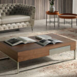 Walnut wood and chrome steel coffee table with drawer