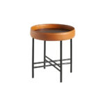 Round corner table in Walnut wood upholstered in leather and black steel