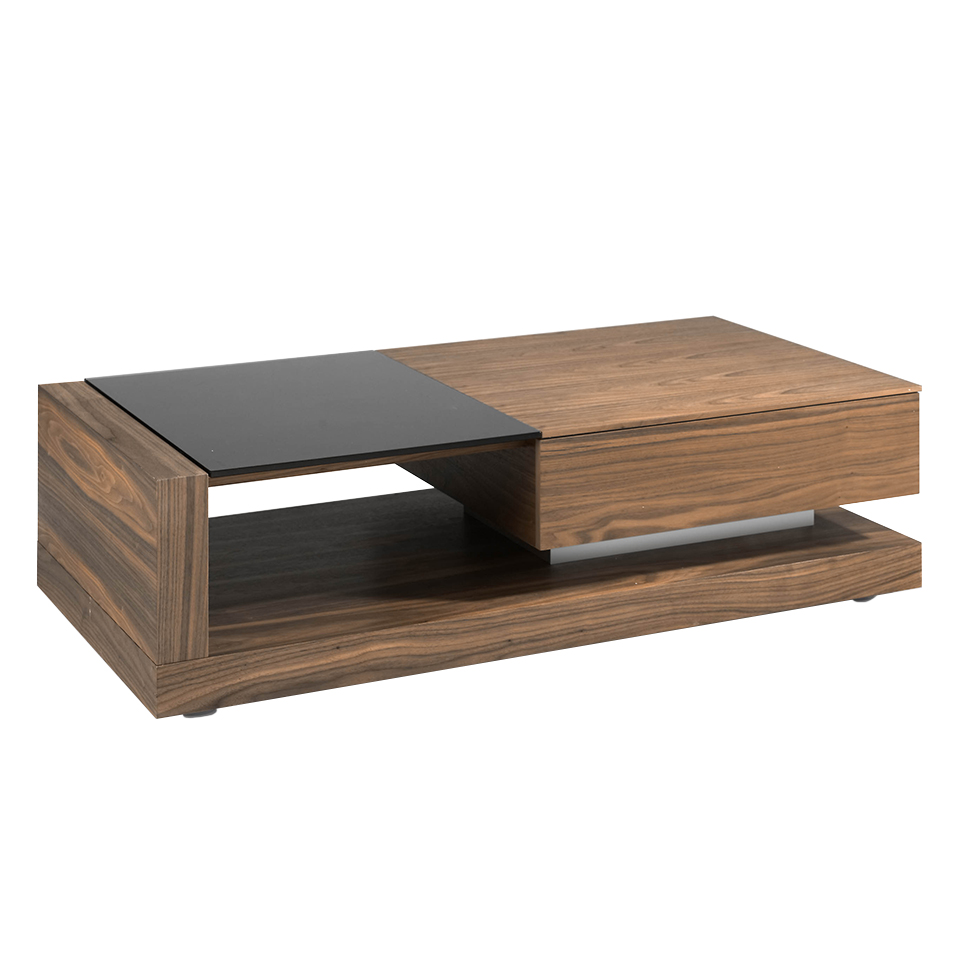 (Español) Mesa centro de madera Nogal y cristal tintado negro con cajón