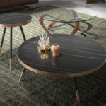 Round coffee table in tempered glass and walnut solid wood
