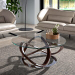 Round coffee table in tempered glass and walnut solid wood