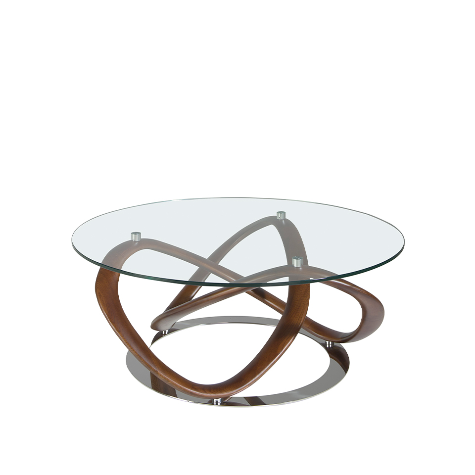 Round coffee table in tempered glass and walnut solid wood