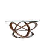 Round coffee table in tempered glass and walnut solid wood