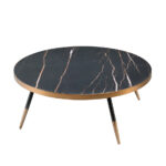 Porcelain black marble and steel round coffee table with bronze-colored chrome bath.