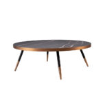 Porcelain black marble and steel round coffee table with bronze-colored chrome bath.