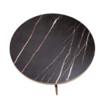Porcelain black marble and steel round coffee table with bronze-colored chrome bath.
