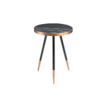 Round corner table in black porcelain marble and steel with a bronze-colored chrome bath.