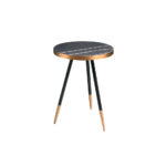 Round corner table in black porcelain marble and steel with a bronze-colored chrome bath.