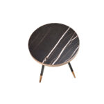 Round corner table in black porcelain marble and steel with a bronze-colored chrome bath.