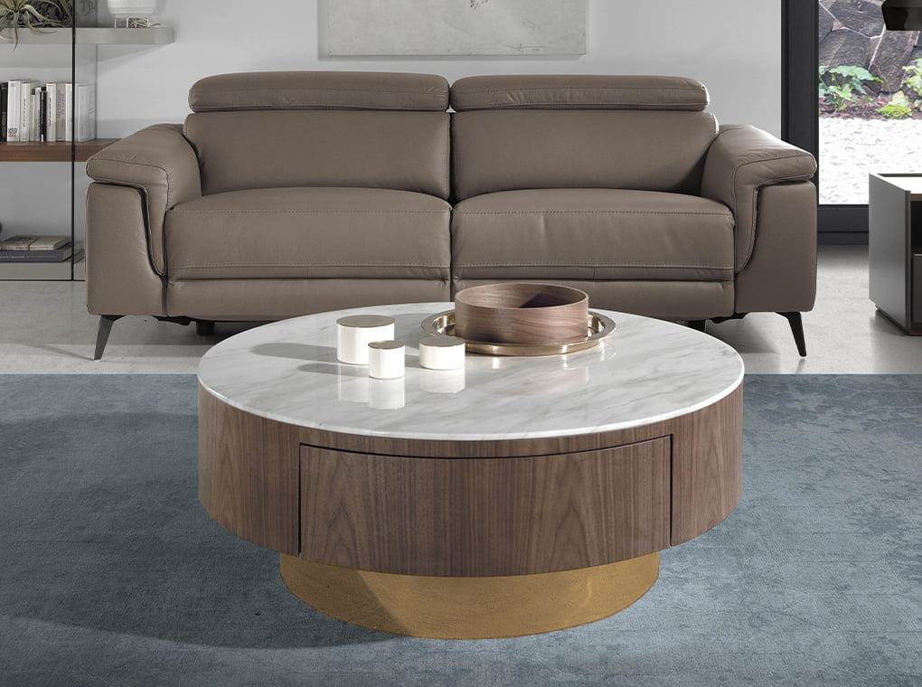 Coffee table walnut wood, white porcelain top and bronze base