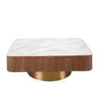 Table basse en bois de noyer, plateau en porcelaine blanche et base en bronze