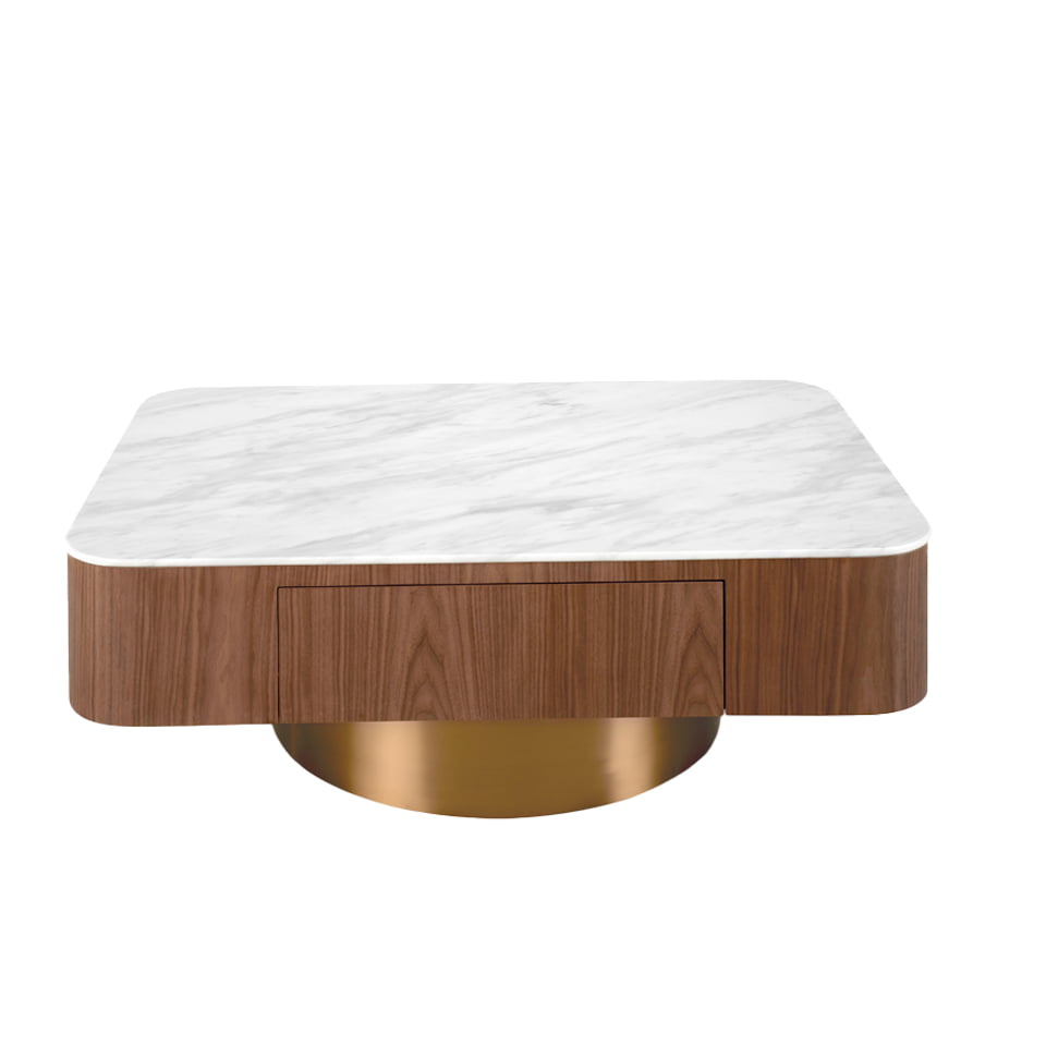 Tavolino in legno di noce, piano in porcellana bianca e base in bronzo