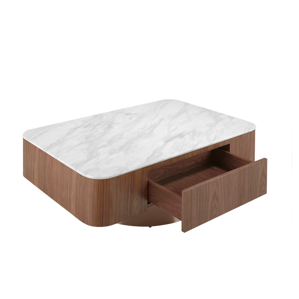 Table basse en bois de noyer, plateau en porcelaine blanche et base en bronze