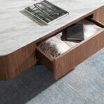 Coffee table walnut wood, white porcelain top and bronze base