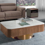 Coffee table walnut wood, white porcelain top and bronze base