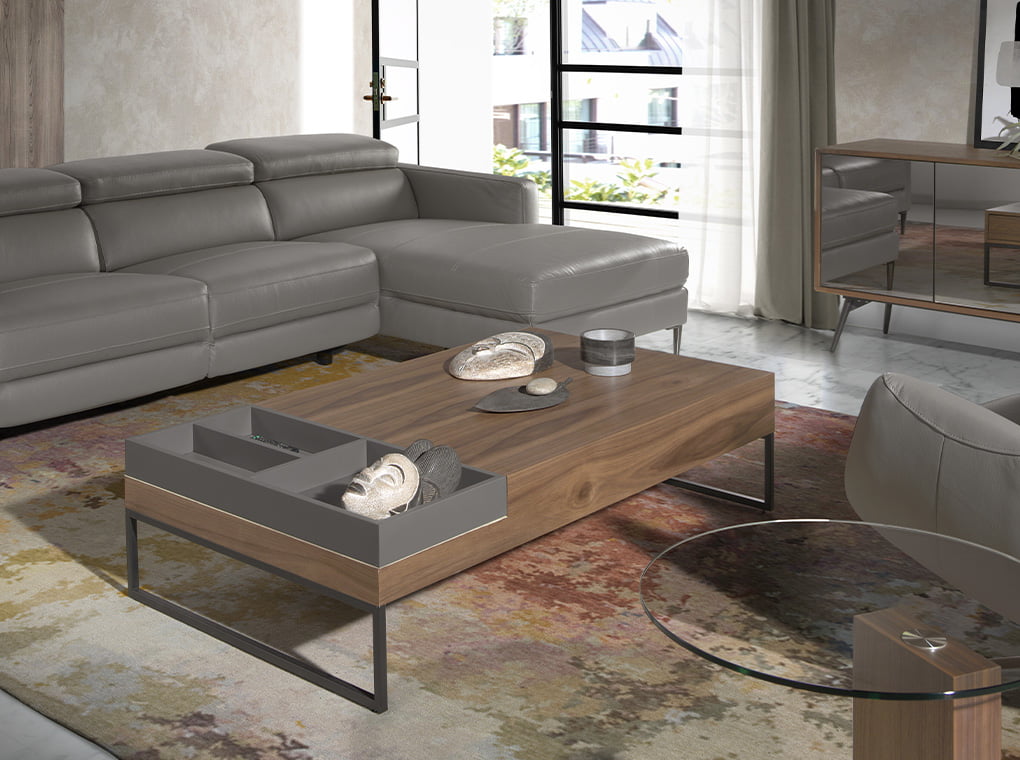 Rectangular coffee table in grey and walnut colour wood