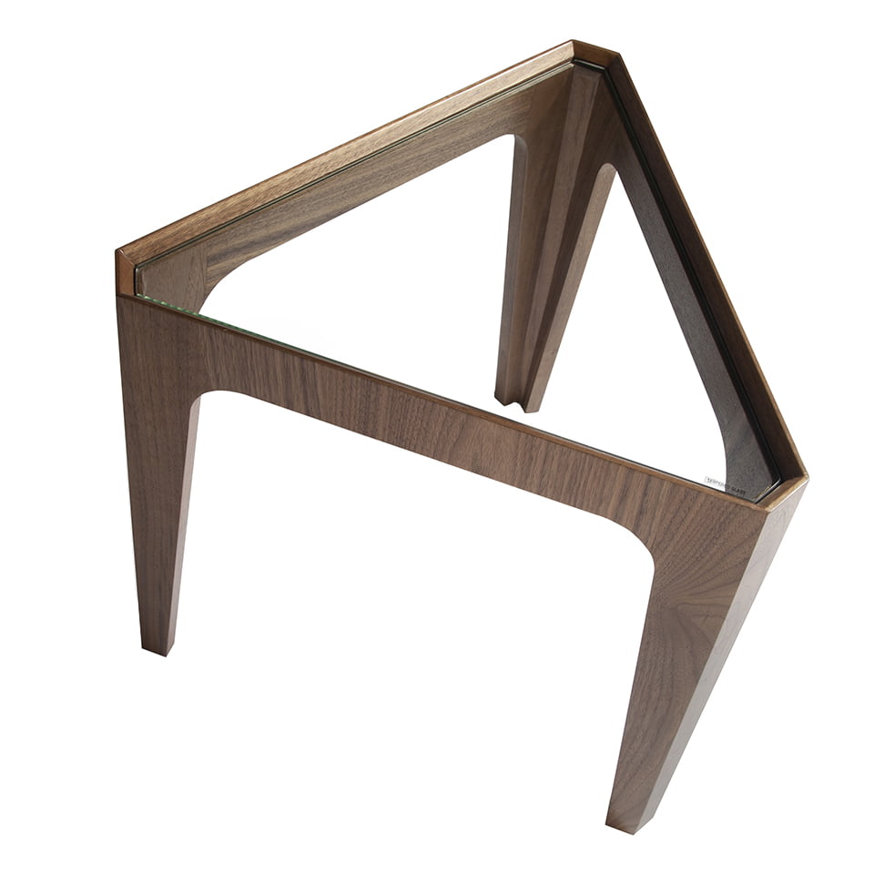 Triangular corner table in tempered glass and Walnut wood