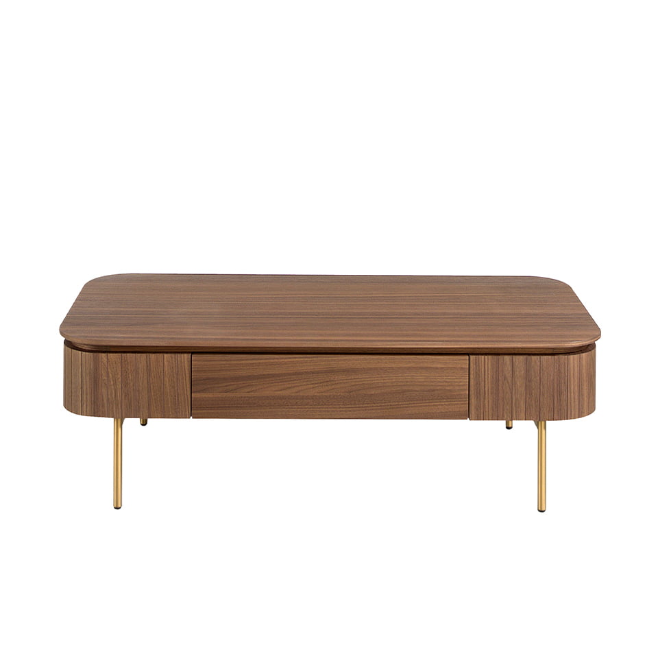 Tavolino in legno di noce e acciaio lucido dorato