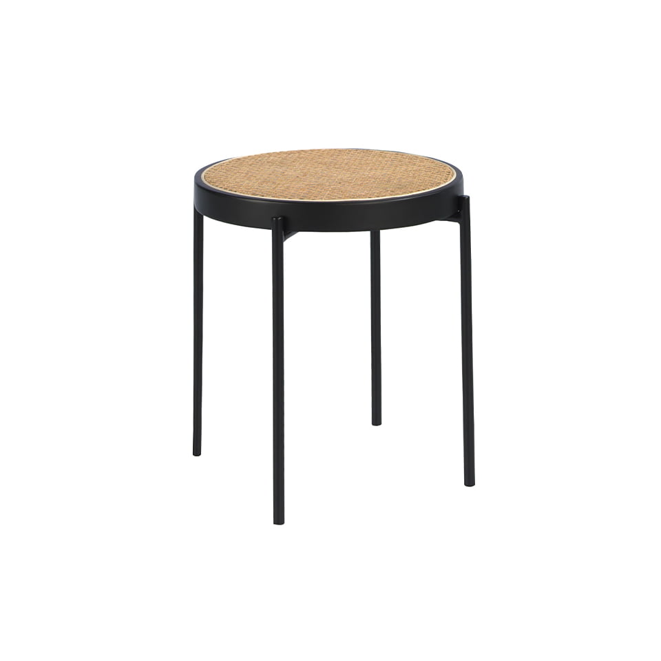 Table d’angle ronde en rotin et acier noir