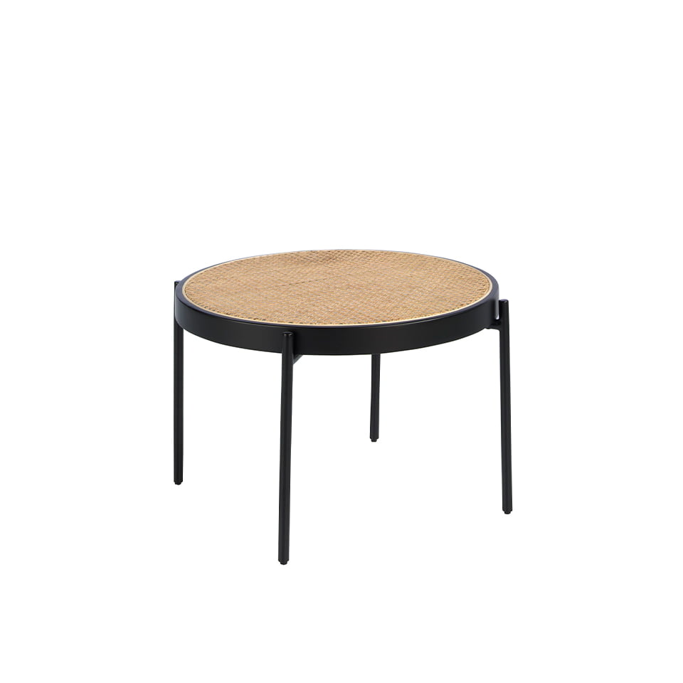 Round coffee table in rattan and black steel