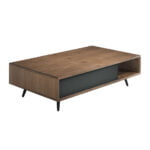 Coffee table in walnut wood and mirror effect black tinted glass
