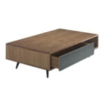 Coffee table in walnut wood and mirror effect black tinted glass