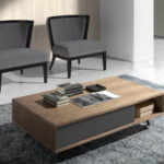 Coffee table in walnut wood and mirror effect black tinted glass