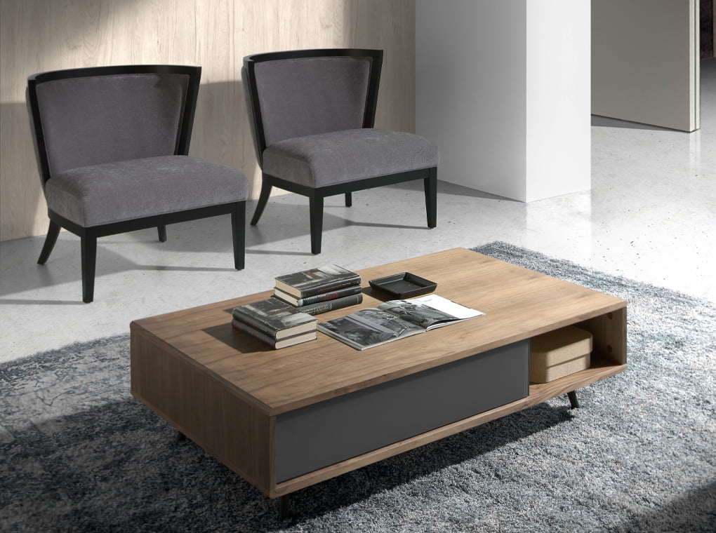 Coffee table in walnut wood and mirror effect black tinted glass