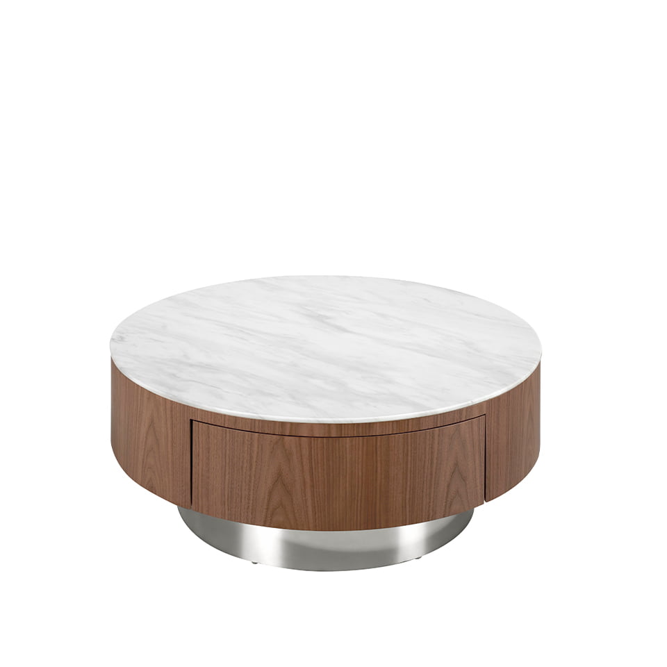 Mesa centro madera nogal, tapa porcelánica blanca y base cromada