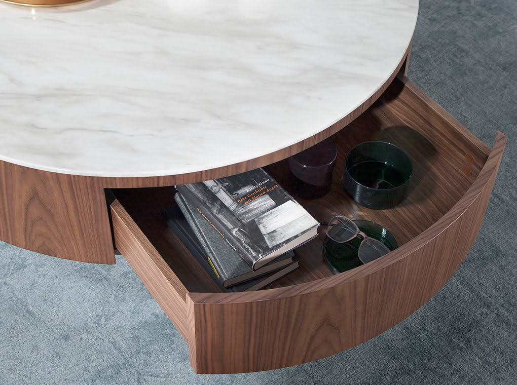 Coffee table walnut wood, white porcelain top and chrome base