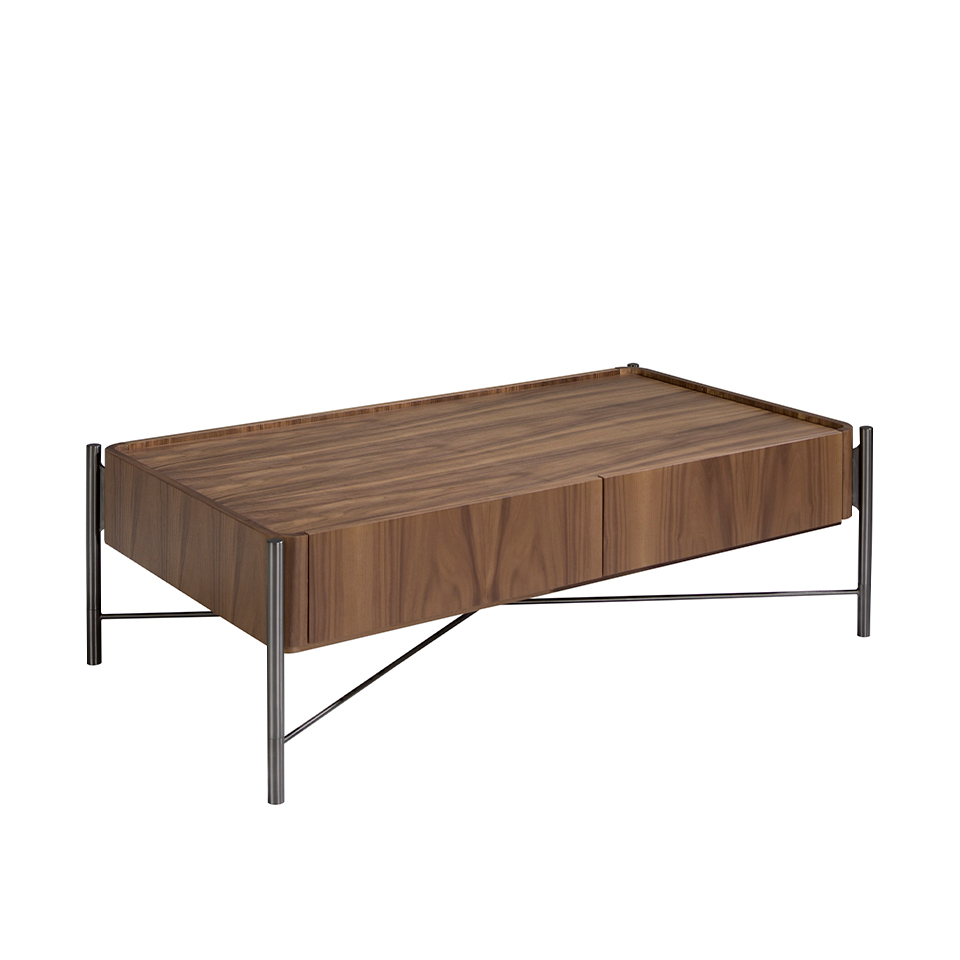 Tavolino rettangolare in legno di noce e acciaio scurito