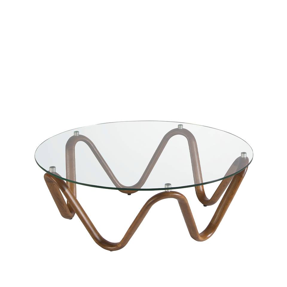 Round coffee table in tempered glass and walnut