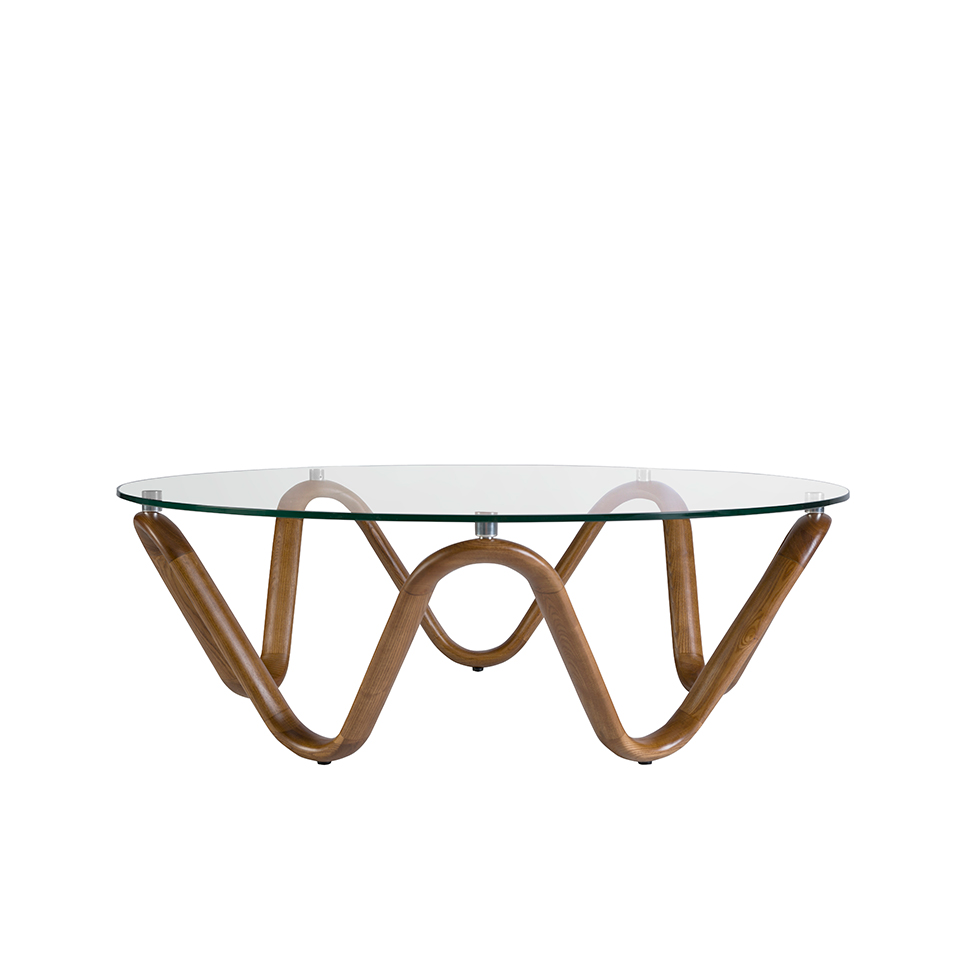 Round coffee table in tempered glass and walnut