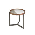 Round coffee table in porcelain marble, walnut and dark metallic steel