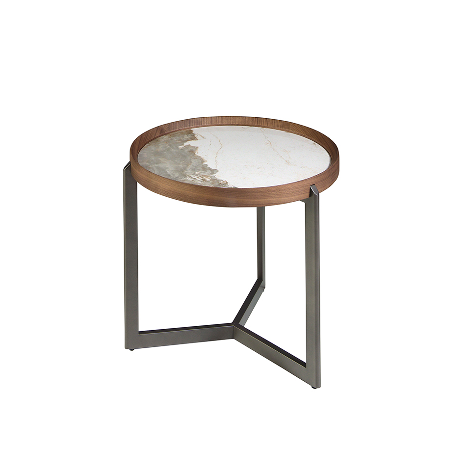Tavolino rotondo in marmo porcellanato, noce e acciaio metallizzato scuro