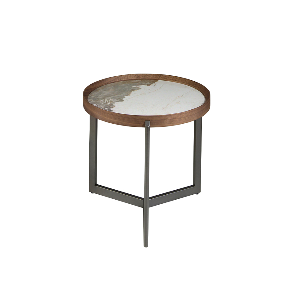 Round coffee table in porcelain marble, walnut and dark metallic steel