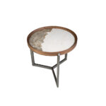 Table basse ronde en marbre porcelaine, noyer et acier métallique foncé