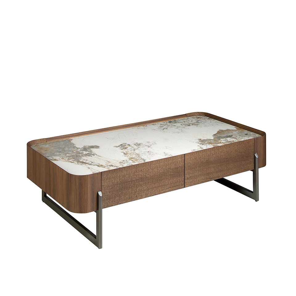 Rectangular coffee table in porcelain marble, walnut and dark metallic steel