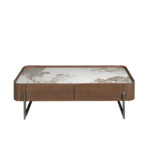 Rectangular coffee table in porcelain marble, walnut and dark metallic steel