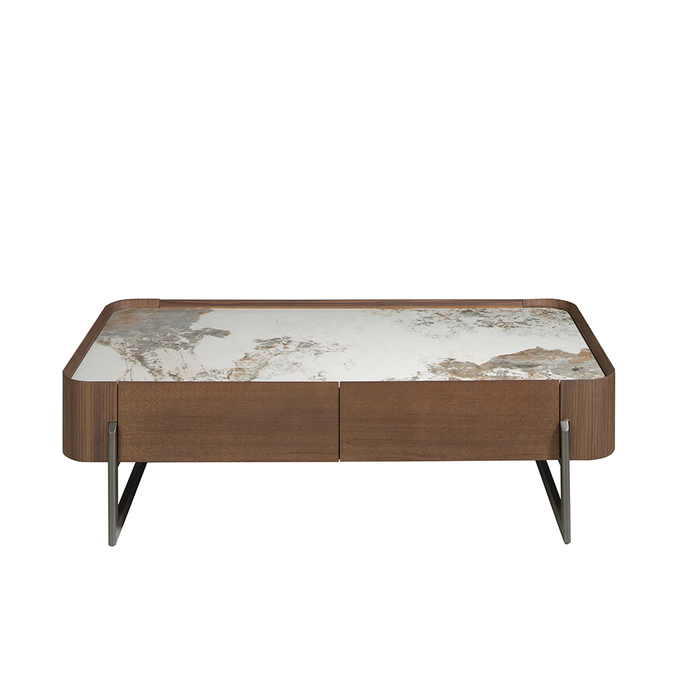 Rectangular coffee table in porcelain marble, walnut and dark metallic steel